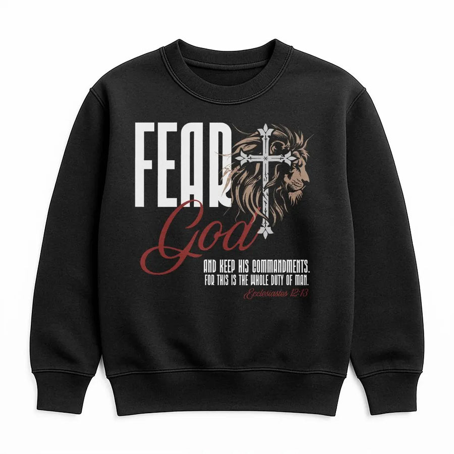 Fear God Christian Sweatshirt | Lion of Judah Cross Graphic | Premium Soft Cotton Blend | Faith Based Gift for Men