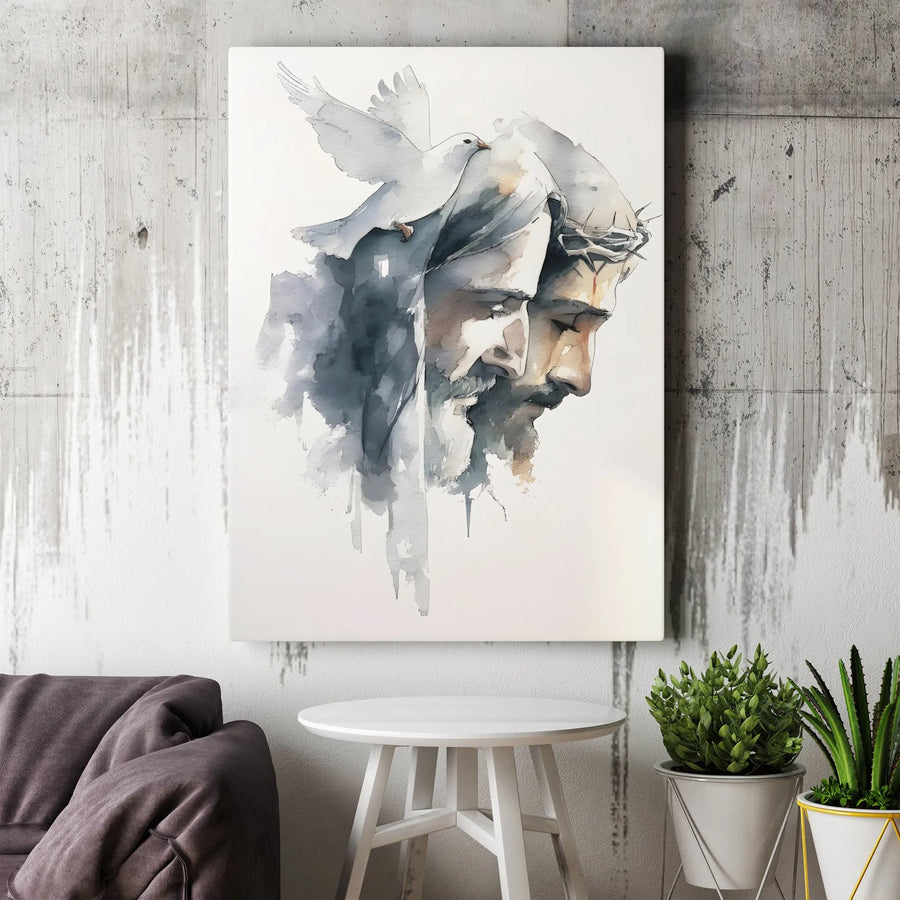 Jesus Christ Vertical Canvas | Watercolor Holy Spirit Dove Art | Premium Thick Frameless Print | Christian Religious Home Decor Gift