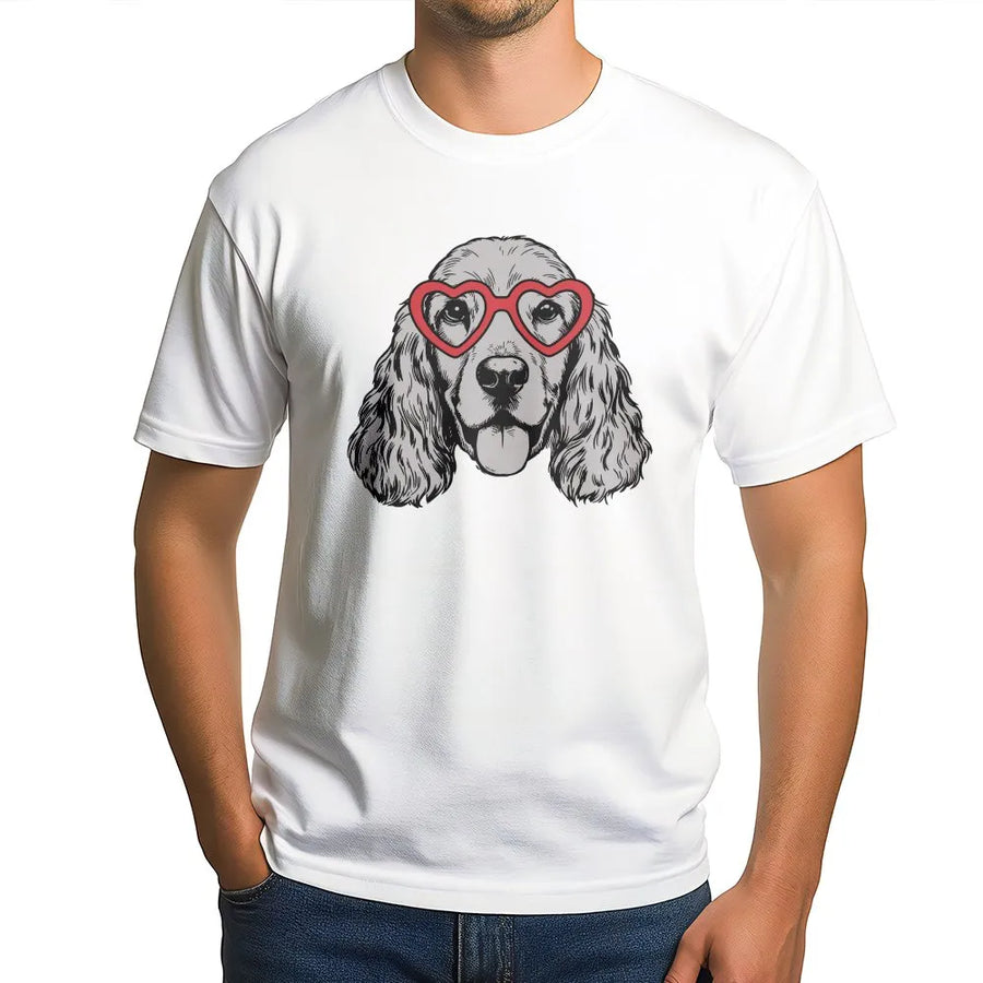 Cocker Spaniel T-Shirt | Dog Wearing Heart Glasses Graphic | 100% Cotton Premium Apparel | Cute Puppy Lover Gift for Dog Mom