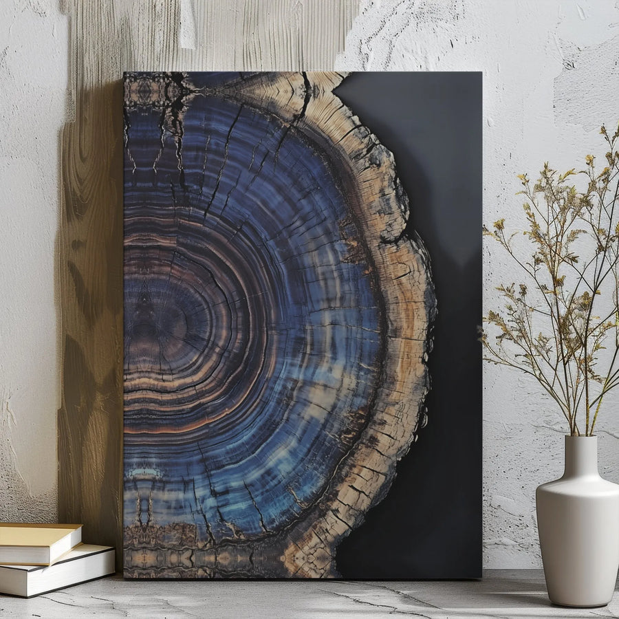 Abstract Blue Petrified Wood Canvas | Tree Ring Slice Wall Art | Premium Gallery Wrap Decor | Modern Nature Home Office Gift