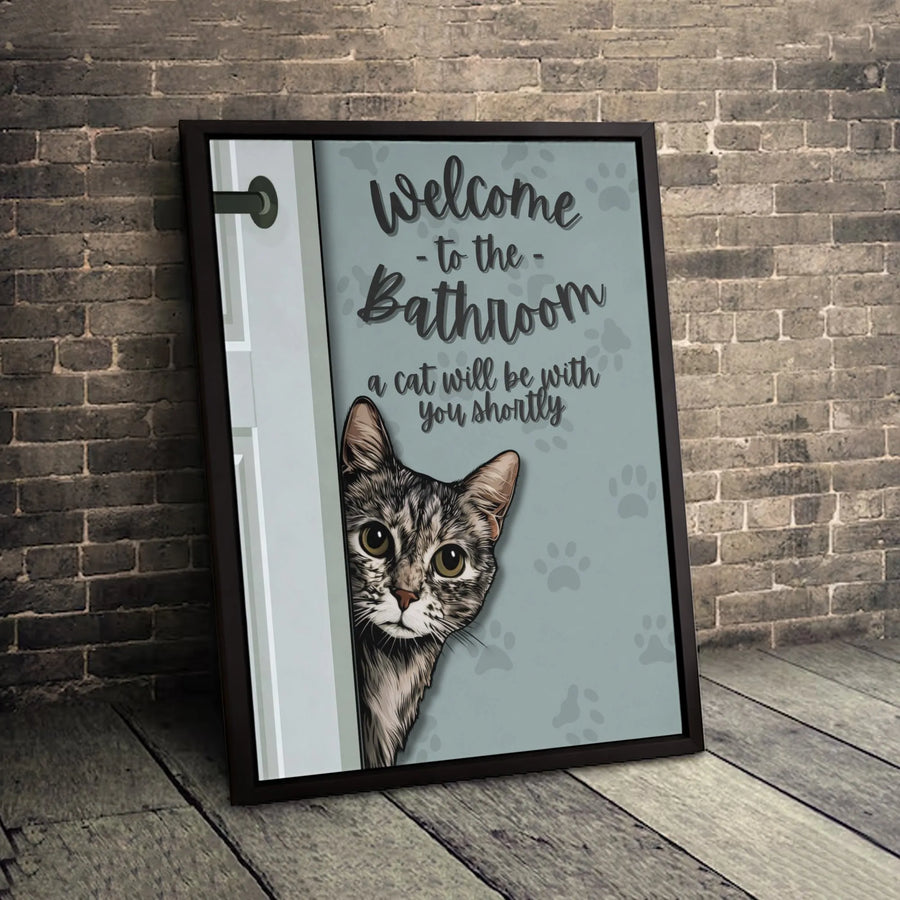 Welcome To The Bathroom Cat Wall Art | Peeking Tabby Kitten Humor Print | 1.25 Inch Premium Gallery Canvas | Funny Bathroom Decor Gift For Cat Lovers