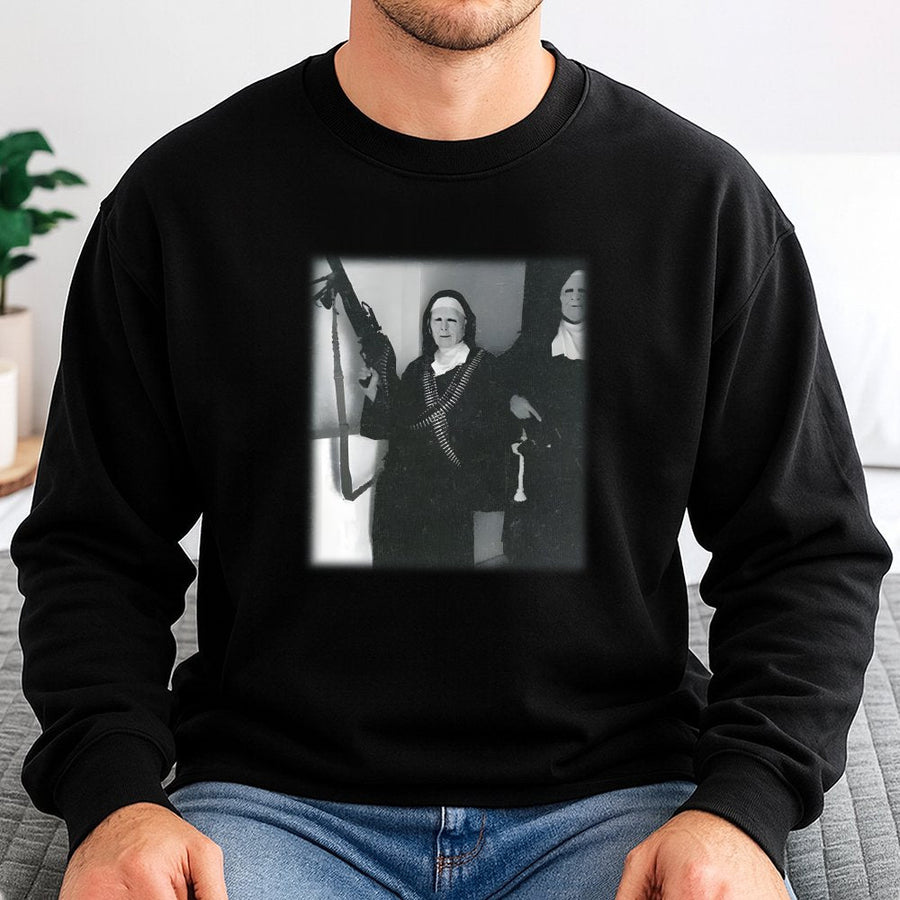 Nun With Gun Sweatshirt | Edgy Vintage Meme Aesthetic Graphic | Premium Cotton Blend | Funny Streetwear Gift For Men And Women