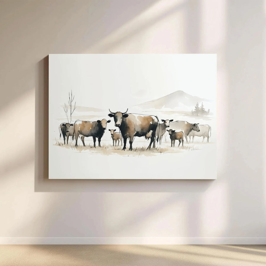 Farmhouse Cow Canvas Wall Art | Watercolor Herd Painting | 1.25 Inch Gallery Wrap Print | Rustic Country Living Room Home Decor