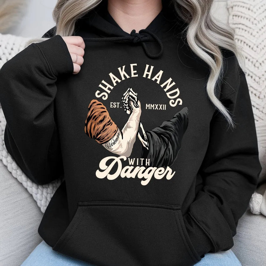 Shake Hands With Danger Hoodie | Arm Wrestling Skeleton Graphic | Premium Cotton Blend Pullover | Gritty Workwear Gift for Blue Collar Men