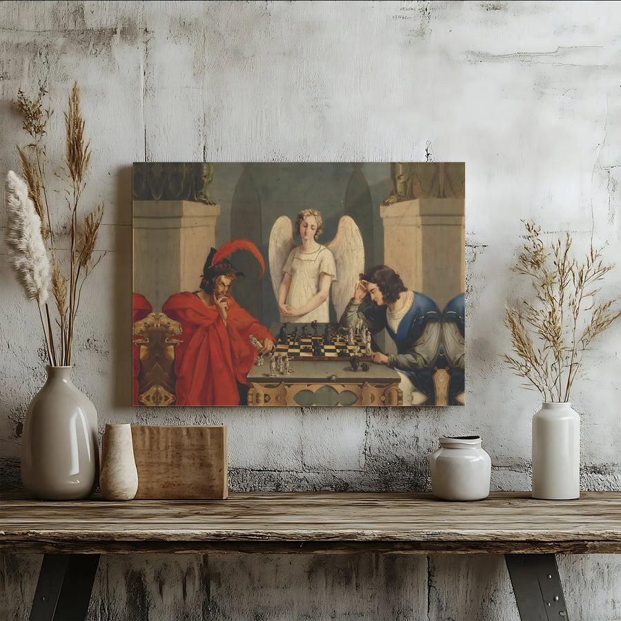 The Chess Players Canvas Print | Classic Moritz Retzsch Fine Art | Gallery Wrap 1.25 Inch Depth | Symbolic Gothic Home Decor Wall Art