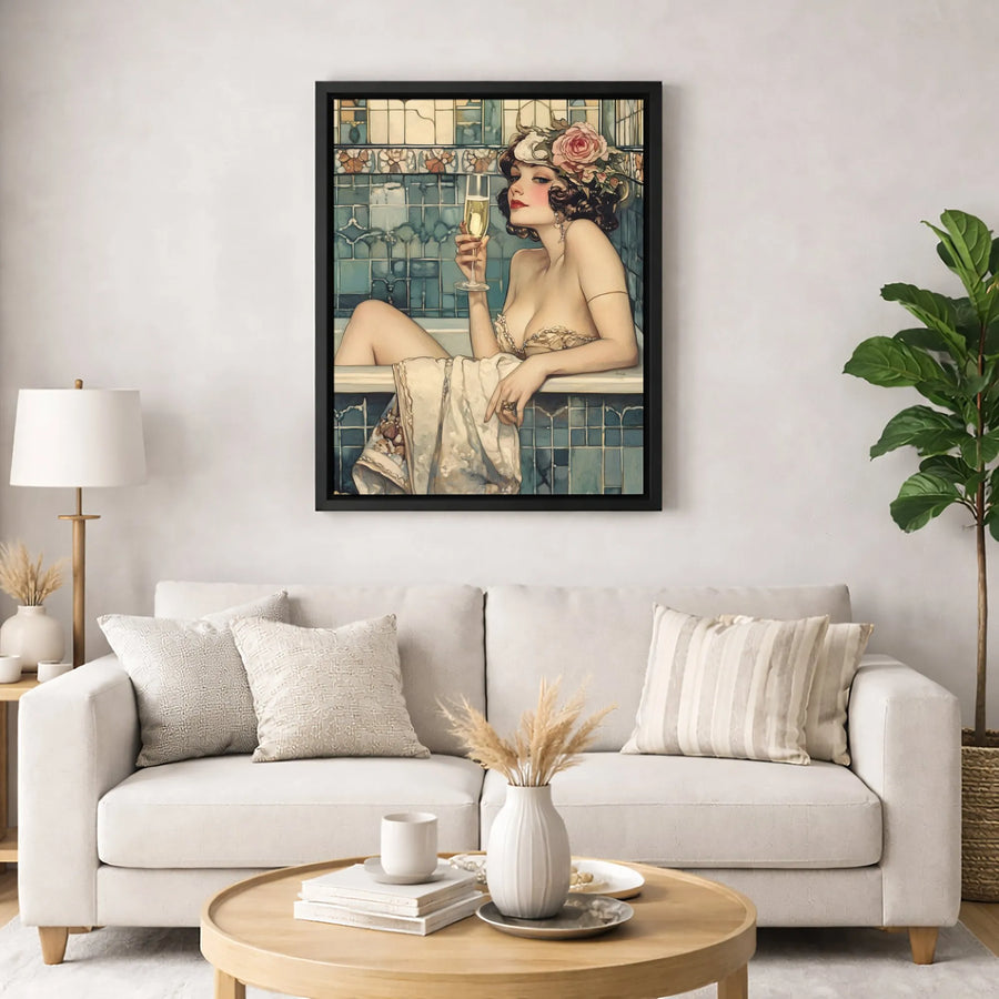 Art Nouveau Woman Bathtub Canvas Print | Elegant Champagne Lady Illustration | 1.25-Inch Premium Gallery Wrap | Sophisticated Home Decor Gift