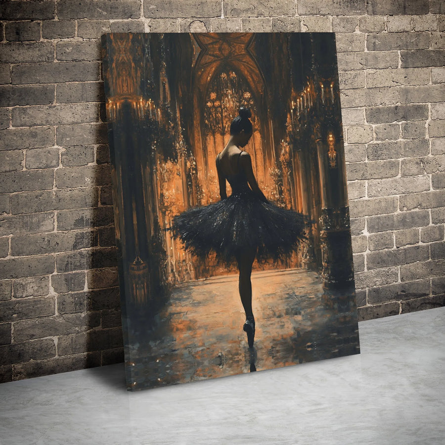 Gothic Ballerina Canvas Wall Art | Dark Academia Ballet Dancer in Palace | Premium Gallery Wrap Print | Elegant Home Decor for Ballet Lovers