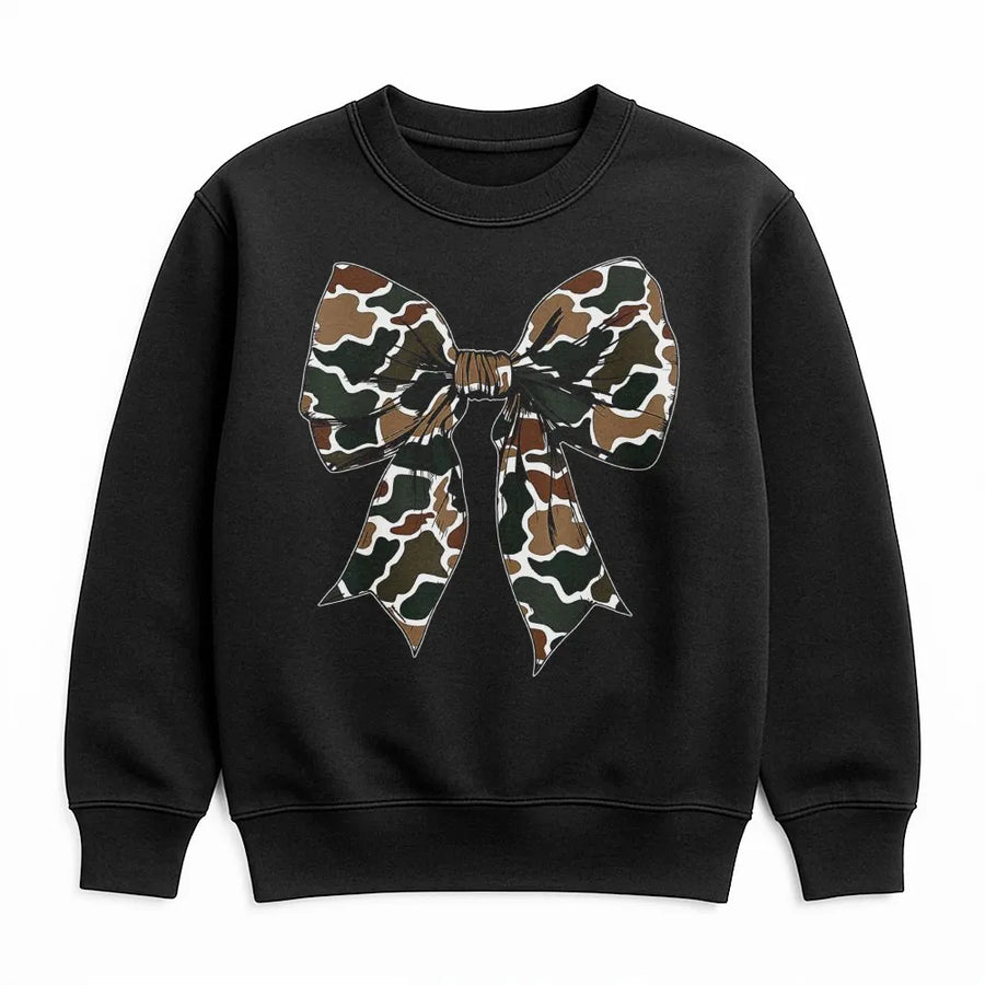 Camo Bow Sweatshirt | Coquette Aesthetic Graphic Print | Premium Cotton-Blend Crewneck | Trendy Gift for Women and Men
