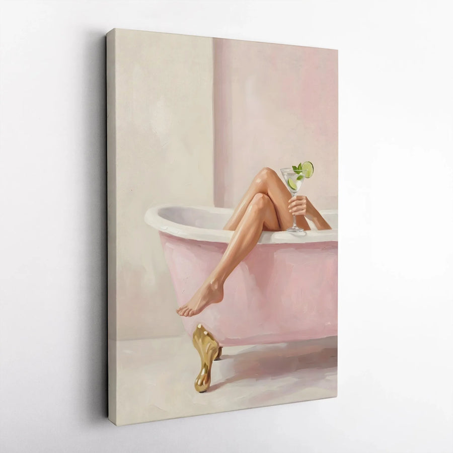 Chic Bathroom Wall Art Canvas | Woman in Pink Bathtub with Cocktail Print | Premium Gallery Wrap | Modern Spa & Vanity Decor Gift for Women