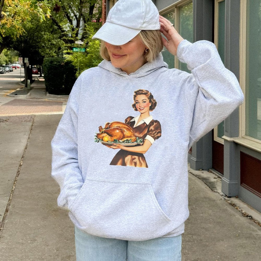 Vintage Thanksgiving Hoodie | 1950s Retro Turkey Dinner Graphic | Soft Cotton-Polyester Blend | Festive Fall Apparel Gift for Women & Men