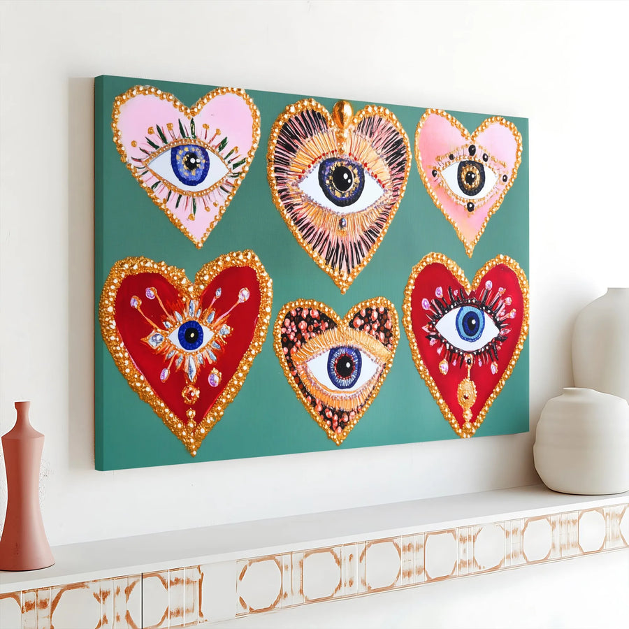 Evil Eye Heart Canvas Wall Art | Bohemian Mystic Hearts Print | Premium Gallery Wrapped Canvas | Spiritual Home Decor Gift for Living Room