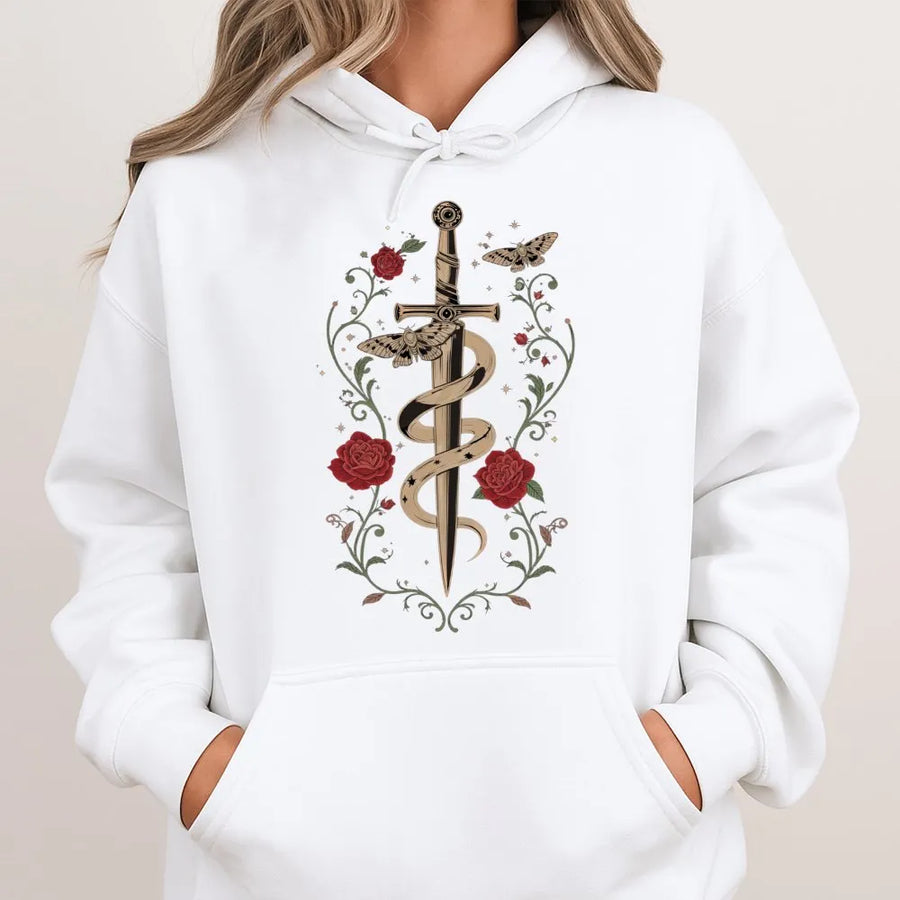 Vintage Sword and Roses Hoodie | Gothic Snake & Moth Botanical Art | Premium Cotton Blend | Dark Academia Aesthetic Gift for Women