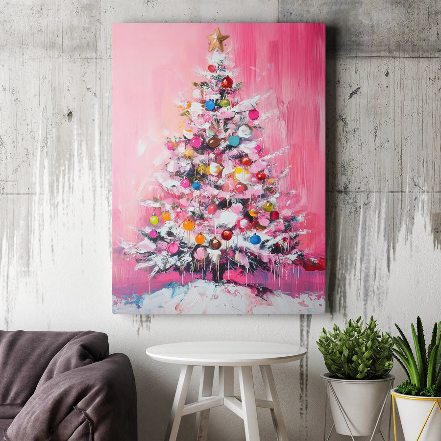 Pink Christmas Tree Wall Art | Abstract Holiday Oil Painting Style | Premium 1.25-Inch Canvas Print | Modern Festive Home Decor Gift