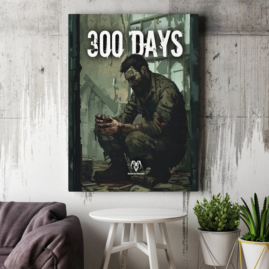 Post-Apocalyptic Survivor Wall Art | 300 Days Gritty War Soldier Illustration | Premium Gallery Wrapped Canvas | Gift for Dystopian Decor Lovers