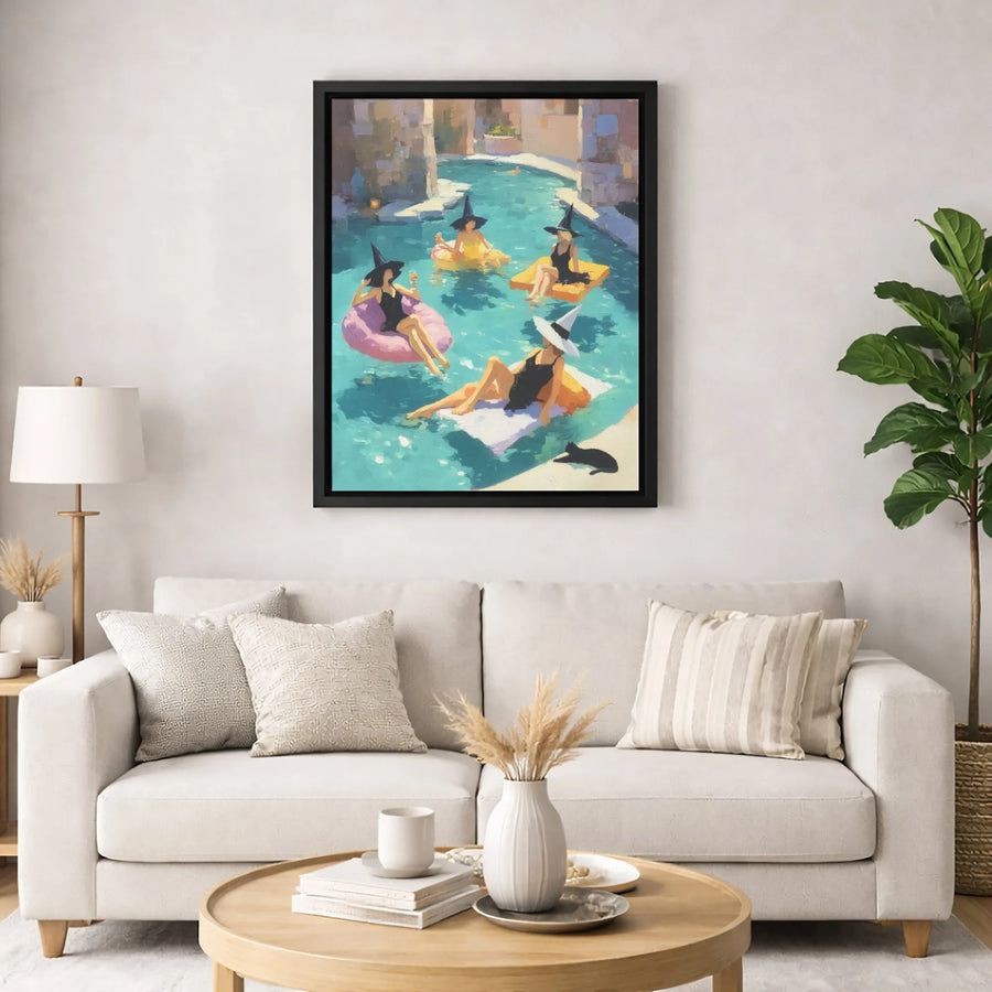 Witch Pool Party Canvas Wall Art | Impressionist Swimming Witches with Black Cat | Premium Gallery-Wrapped Decor | Whimsical Halloween Gift for Her
