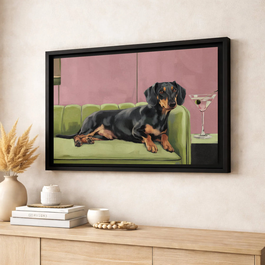 Dachshund Wall Art | Whimsical Dog on Couch with Martini Cocktail Print | Premium Gallery-Wrapped Canvas | Unique Gift for Dog Lovers