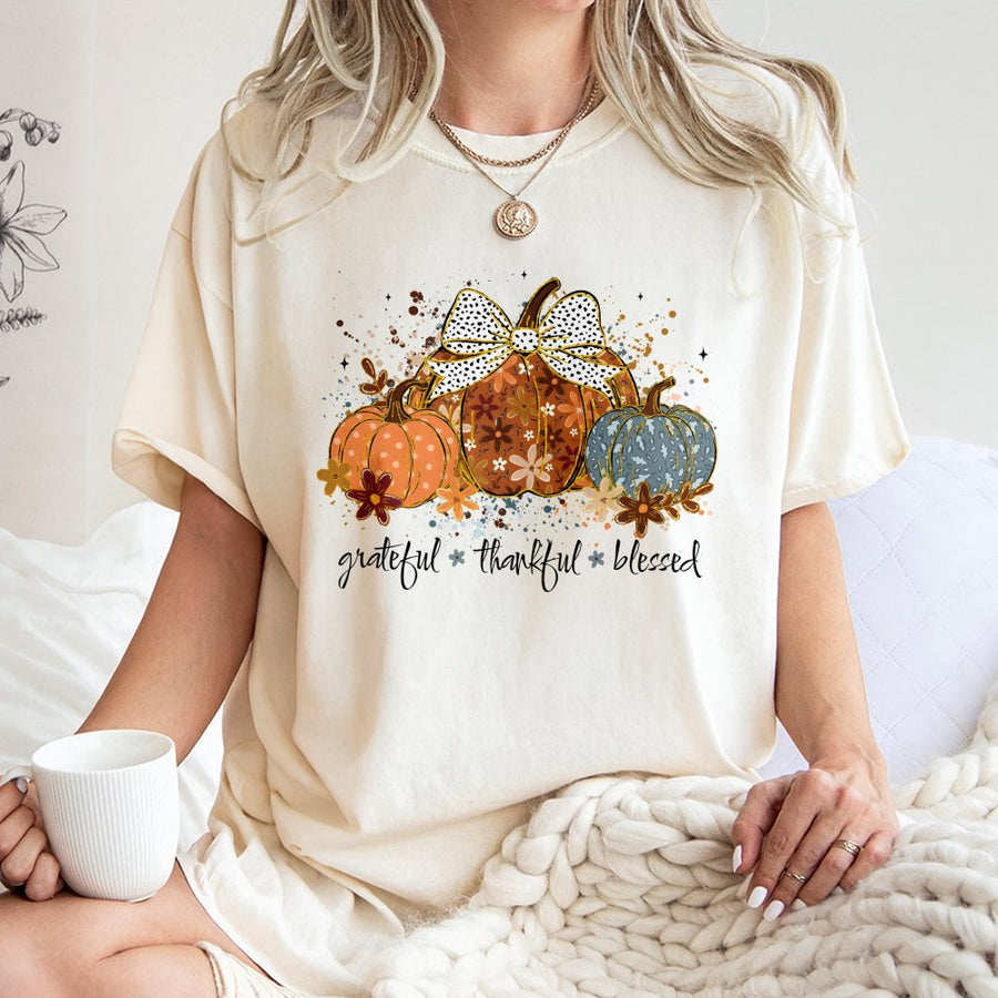 Grateful Thankful Blessed Pumpkin T-Shirt | Fall Aesthetic Watercolor Graphic | Premium Soft Cotton | Thanksgiving Gift for Women & Fall Lovers