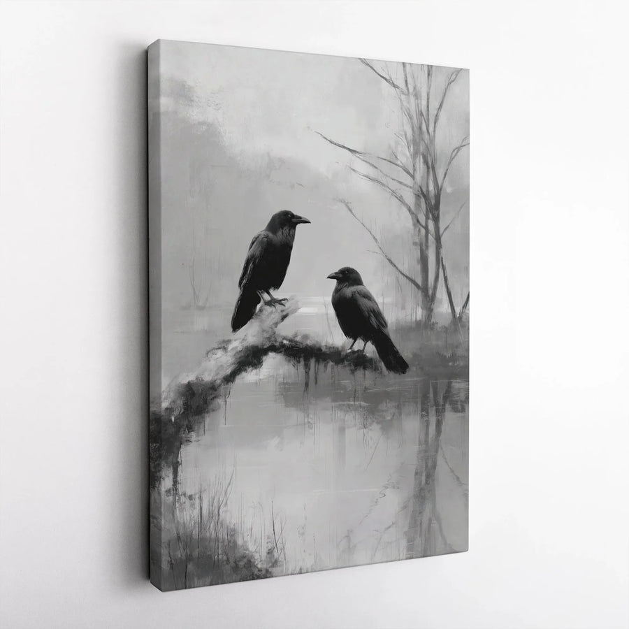 Two Ravens Canvas Wall Art | Gothic Black and White Abstract Painting | Premium Frameless Gallery Canvas | Moody Living Room Wall Decor Gift