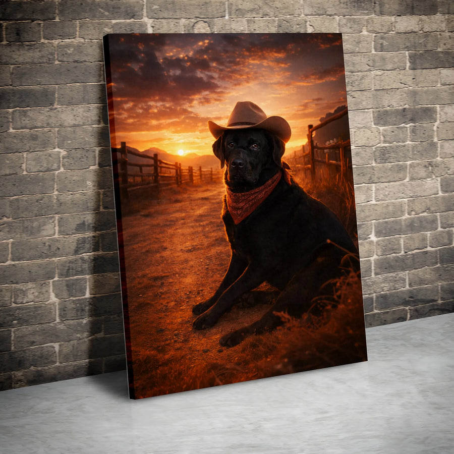 Cowboy Dog Canvas Wall Art | Black Labrador Wearing Cowboy Hat | Premium Gallery Wrap | Rustic Farmhouse Decor Gift for Dog Lover