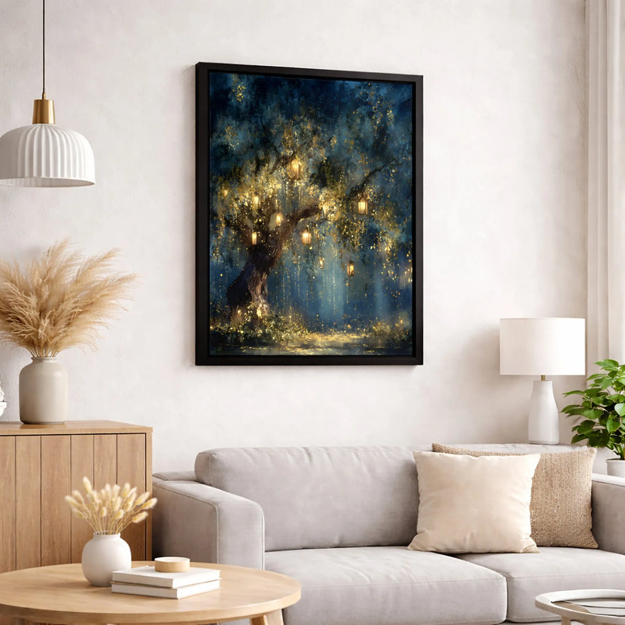 Enchanted Forest Tree Canvas Art | Magical Glowing Lanterns Wall Decor | Premium Fade-Resistant Print | Whimsical Home Gallery Gift