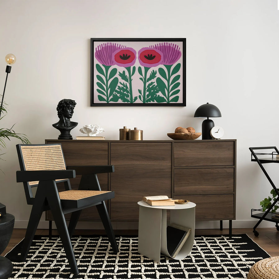 Boho Floral Canvas Wall Art | Symmetrical Poppy and Thistle Folk Art Print | Premium 1.25" Gallery Wrap | Modern Home Decor Gift