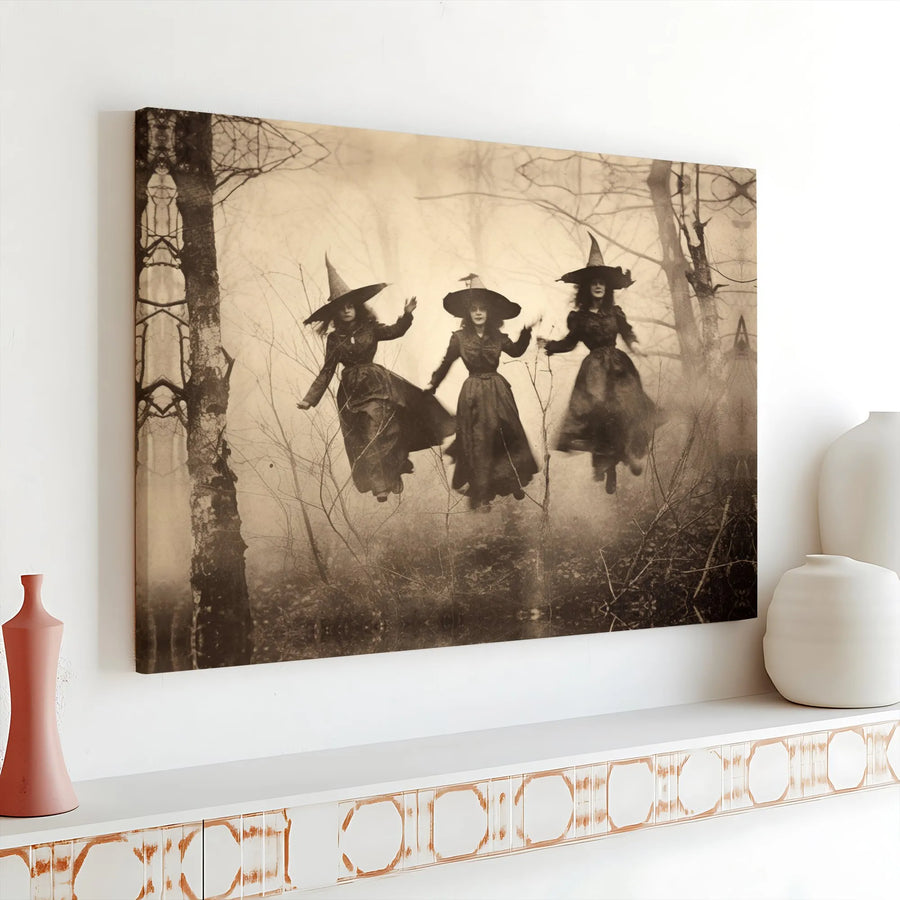 Vintage Witches Canvas Wall Art | Spooky Coven Sepia Photograph | Premium Gallery Wrapped Canvas | Gothic Halloween Home Decor Gift