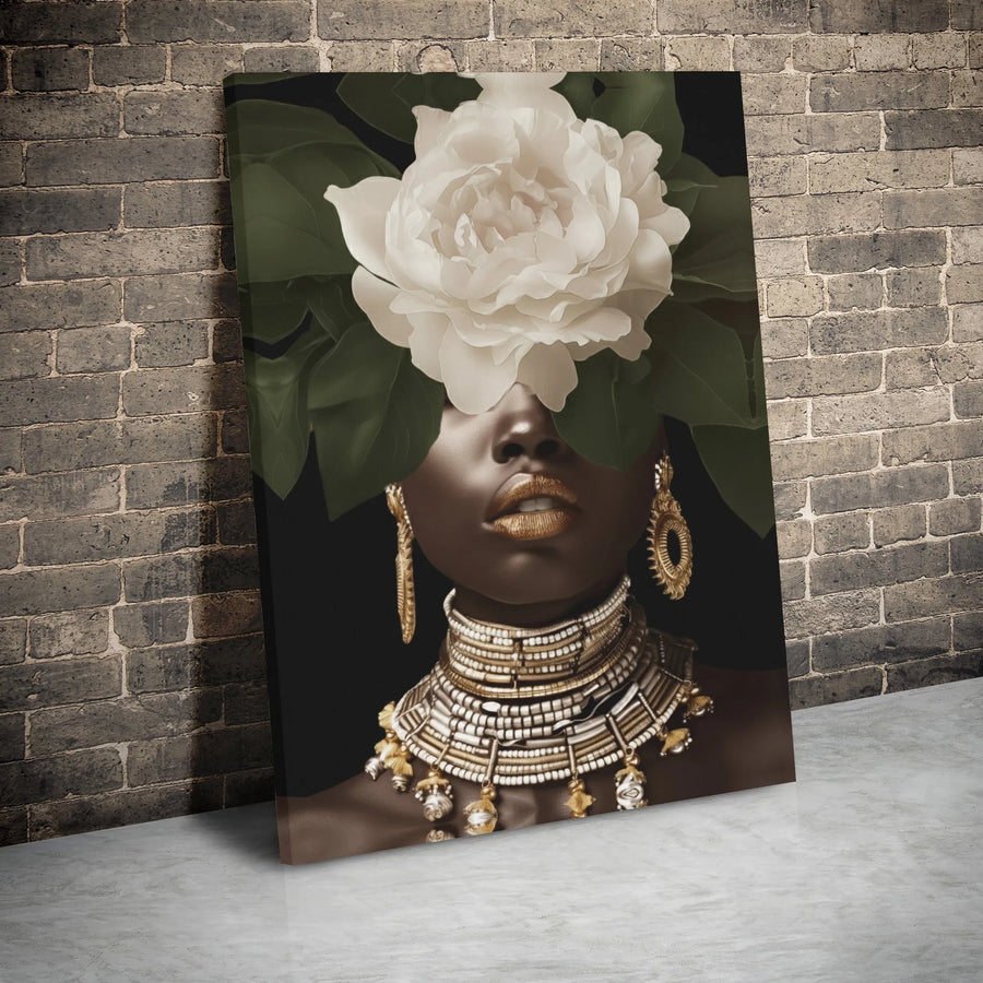 Black Woman Canvas Wall Art | Portrait With White Peony & Gold Jewelry | Premium Gallery Wrapped Print | Modern Afrocentric Home Decor Gift