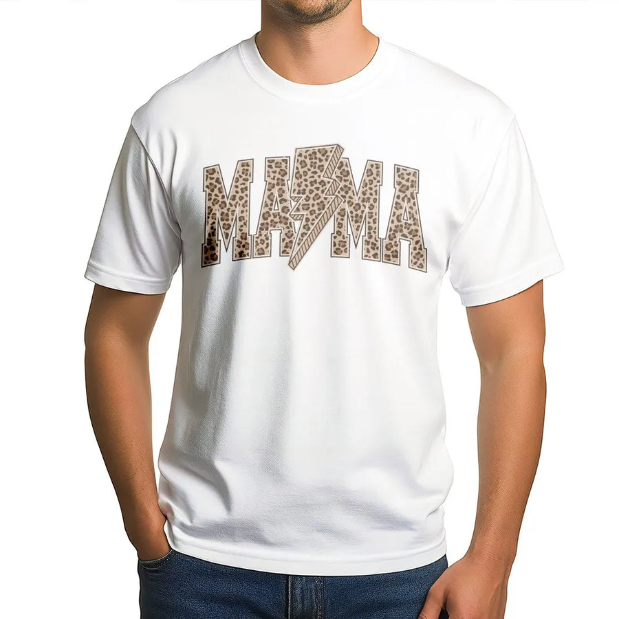 Mama T-Shirt | Leopard Print Varsity Lettering with Lightning Bolt | Soft Cotton Blend | Mother's Day Gift for Mom