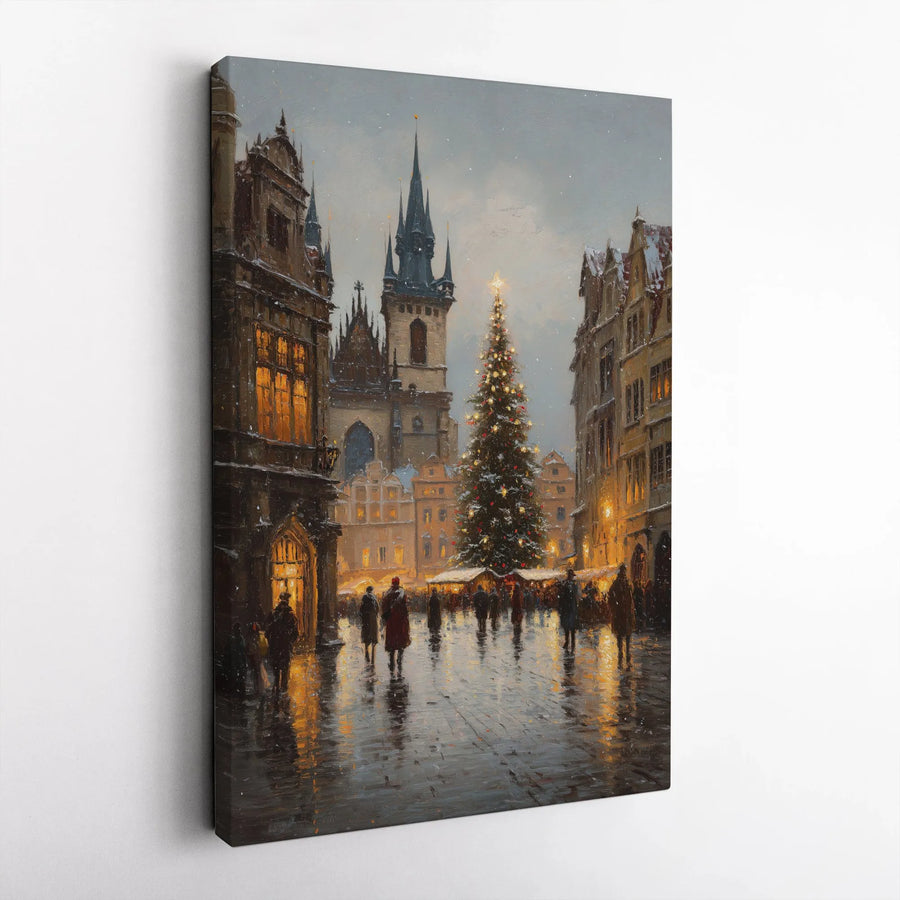 Prague Christmas Market Wall Art | Old Town Square Winter Landscape | Gallery Wrapped Canvas Print | European Holiday Home Decor Gift
