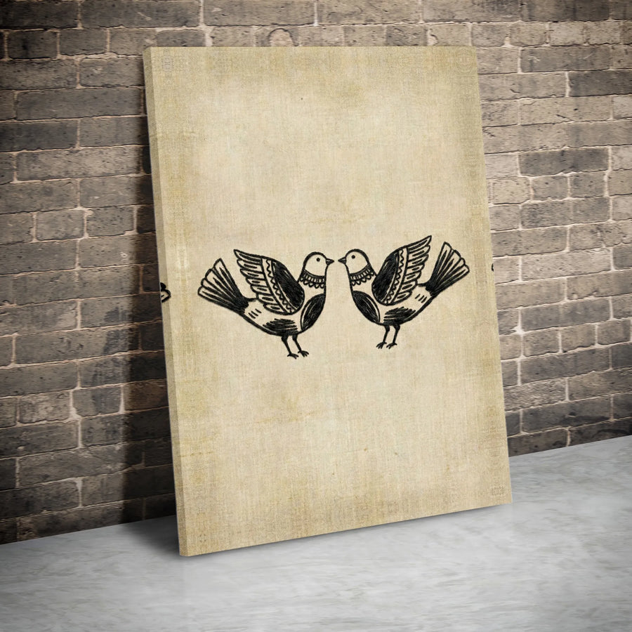 Folk Art Birds Canvas Print | Scandinavian Style Love Birds Illustration | Premium Gallery Wrapped Canvas | Romantic Bedroom Wall Decor Gift