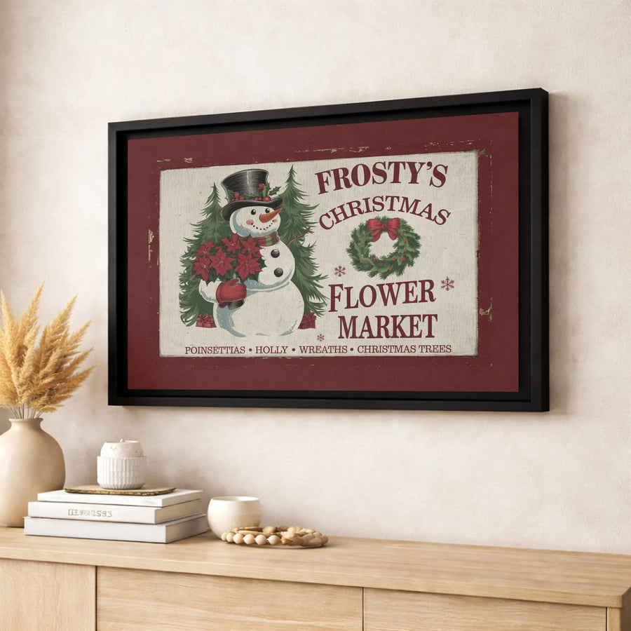 Christmas Wall Art Canvas | Vintage Snowman Poinsettia Flower Market | Premium Gallery Wrap Decor | Festive Holiday Home Gift