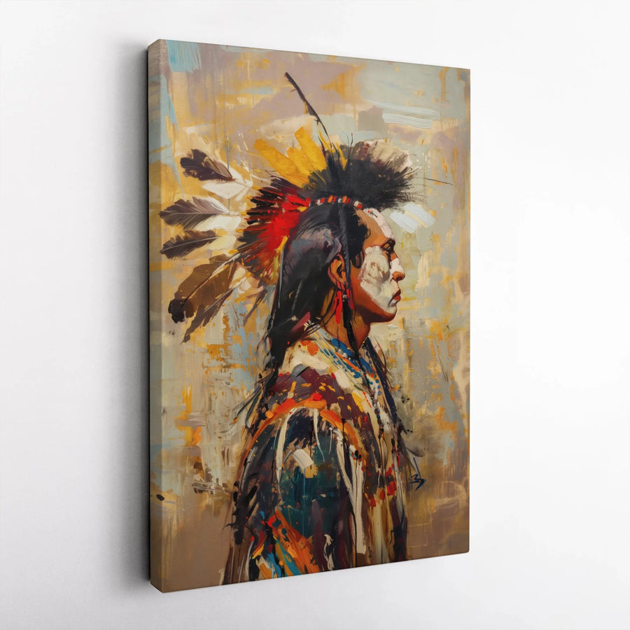 Indigenous Warrior Vertical Canvas | Abstract Portrait with Feather Headdress | Premium Gallery Wrap Wall Art | Western Home Decor Collector's Gift