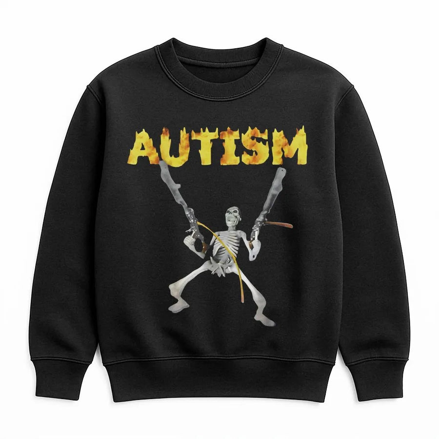 Autism Skeleton Meme Sweatshirt | Edgy Fire Text Graphic Design | Premium Cotton Blend | Funny Neurodivergent Gift For Men And Women