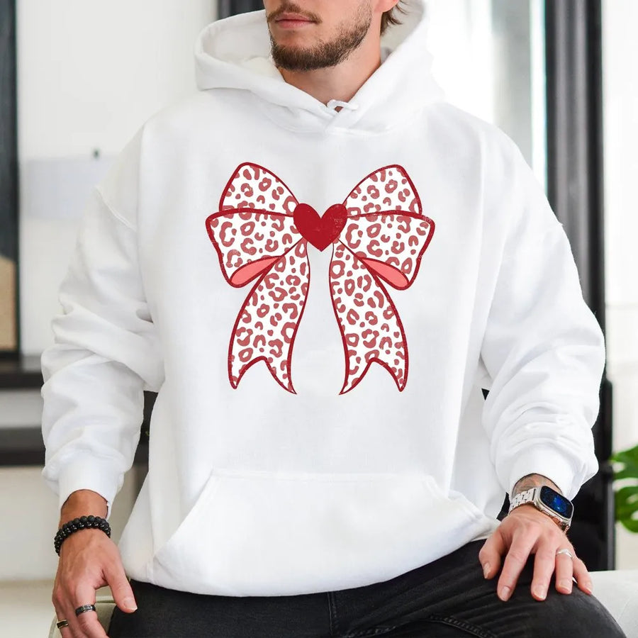 Leopard Print Bow Hoodie | Valentine Heart Aesthetic Graphic | Premium Cotton Blend | Cute Gift For Her & Women