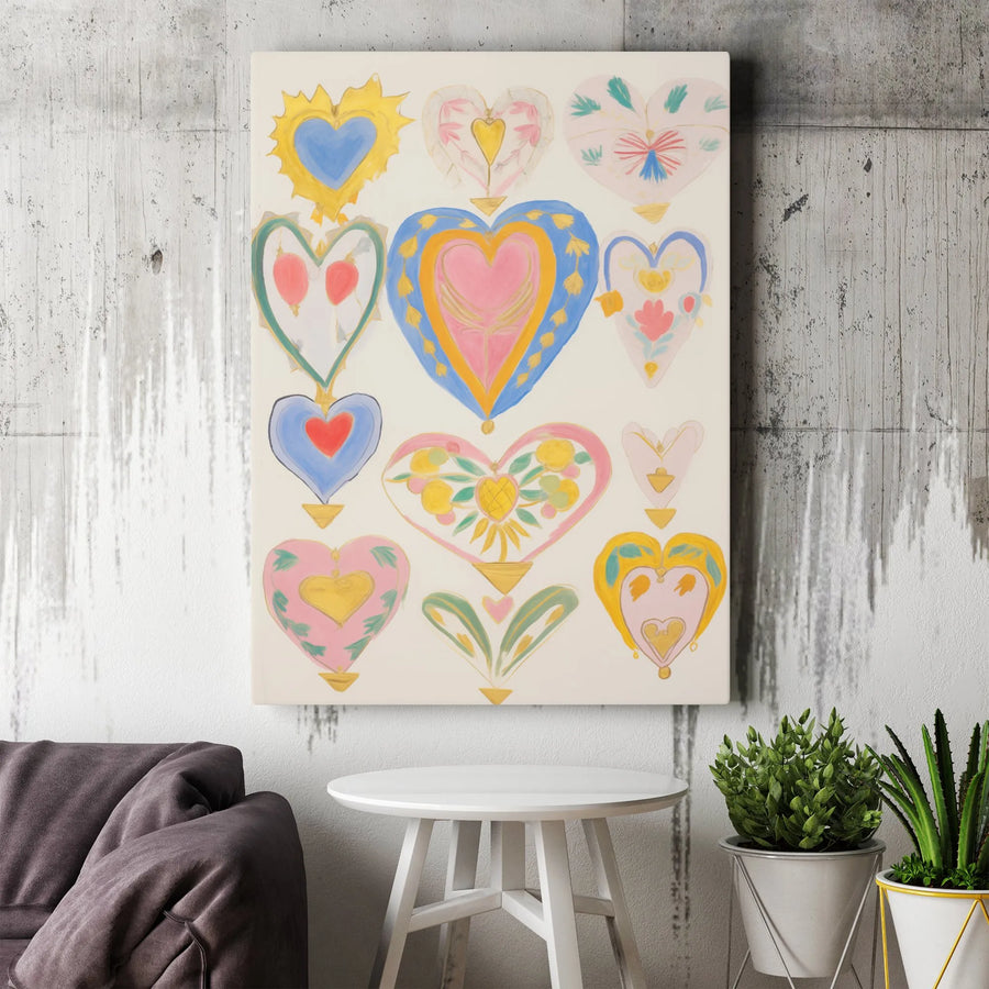Whimsical Hearts Wall Art | Colorful Botanical Heart Illustration | Premium Gallery Wrapped Canvas | Romantic Home Decor Gift