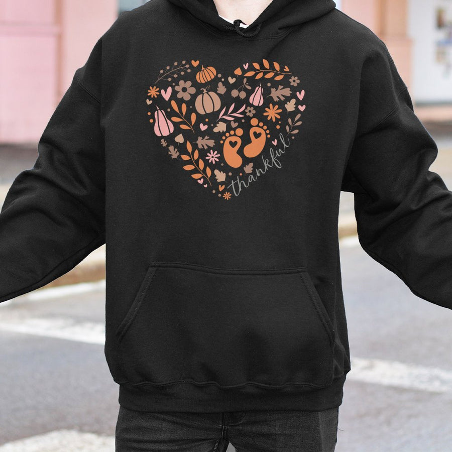 Thankful Pregnancy Announcement Hoodie | Cute Baby Feet Fall Heart Design | Premium Cotton-Blend | Thanksgiving Baby Shower Gift for Mom