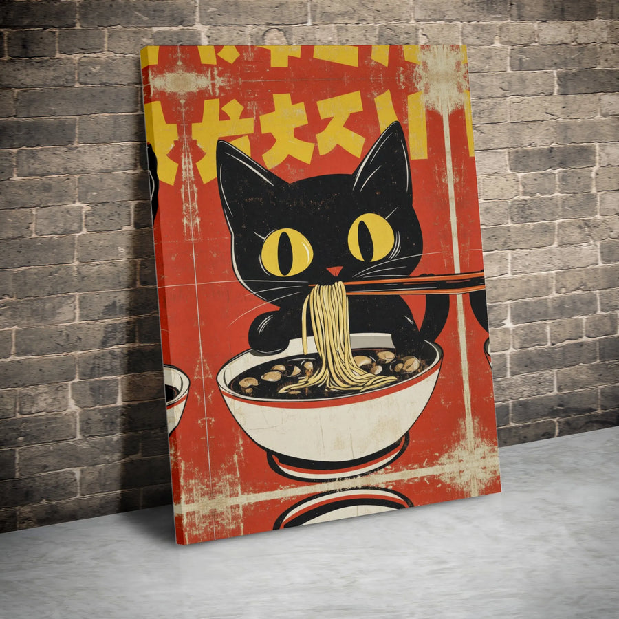 Black Cat Ramen Canvas Art | Vintage Japanese Poster Style Print | Premium 1.25-Inch Gallery Wrap | Cute Kitchen Decor Gift for Cat Lovers