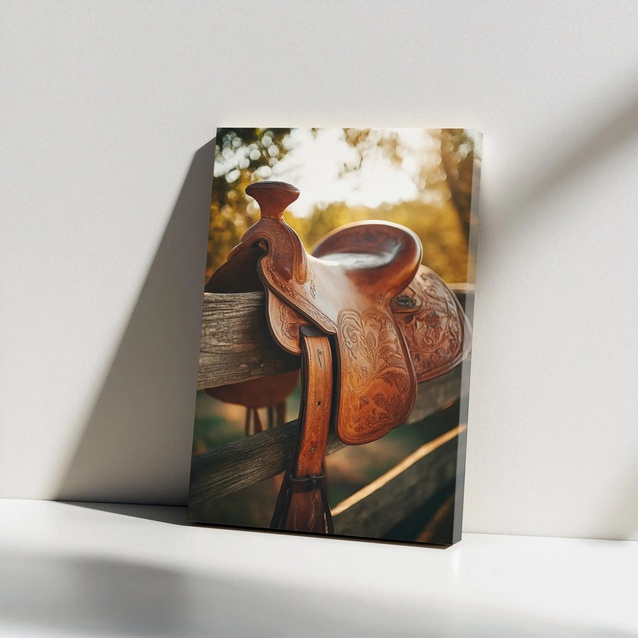 Western Horse Saddle Canvas Print | Rustic Tooled Leather Ranch Decor | Premium 1.25-inch Gallery Wrap | Gift for Equestrian Cowboy Lovers