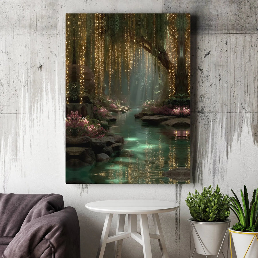 Enchanted Forest Canvas Wall Art | Glowing Fairy Lights River Scene | Premium Gallery Wrap Print | Whimsical Nature Decor For Home