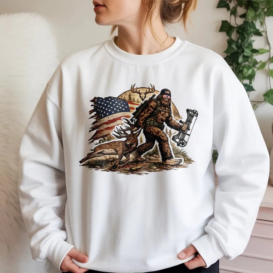 Bigfoot Hunting Sweatshirt | Patriotic Sasquatch USA Flag Graphic | Premium Cotton Blend | Gift for Hunter and Outdoorsman