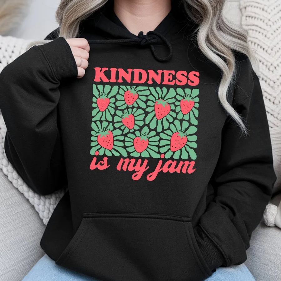 Kindness Is My Jam Hoodie | Retro Strawberry Graphic Print | Soft Cotton-Poly Blend | Positive Teacher Gift Sweatshirt