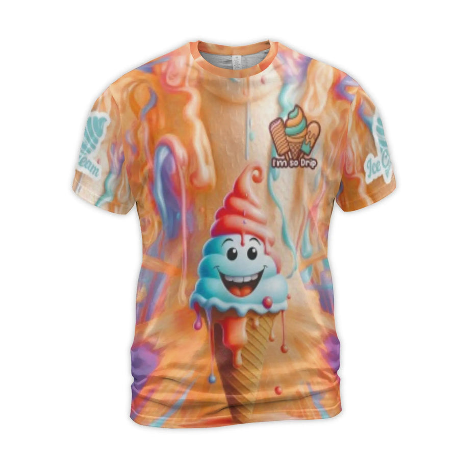 Melting Ice Cream 3D T-Shirt | Drippy Graphic Cartoon Character | Premium Polyester Spandex | Fun Streetwear Gift for Teens & Adults