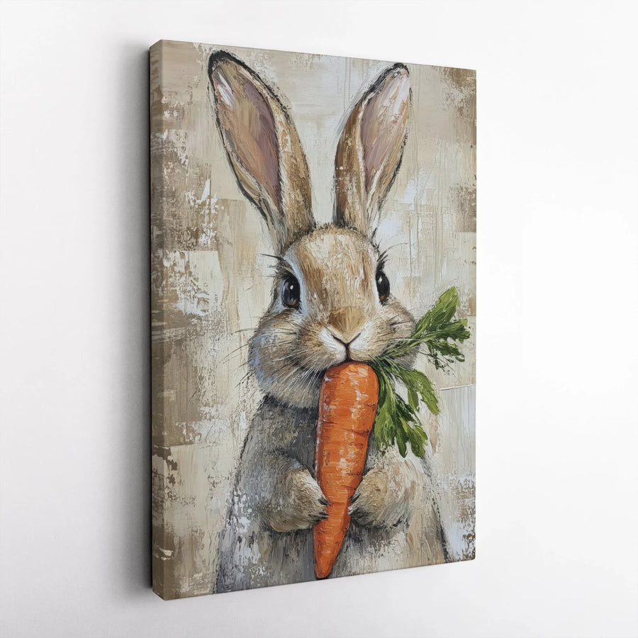 Rabbit Canvas Wall Art | Cute Bunny Eating Carrot Painting | Premium Frameless Canvas | Rustic Farmhouse Nursery Decor Gift for Kids