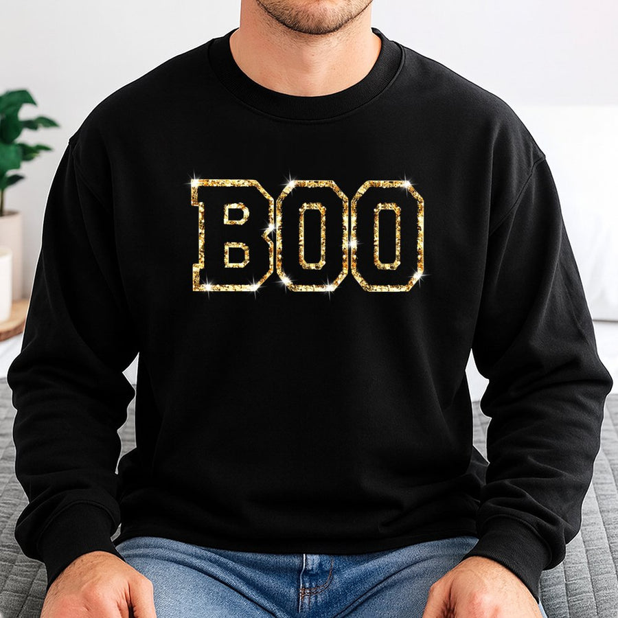 BOO Sweatshirt | Gold Glitter Chenille Letter Patch | Soft Cotton Blend Crewneck | Cute Spooky Halloween Gift for Women