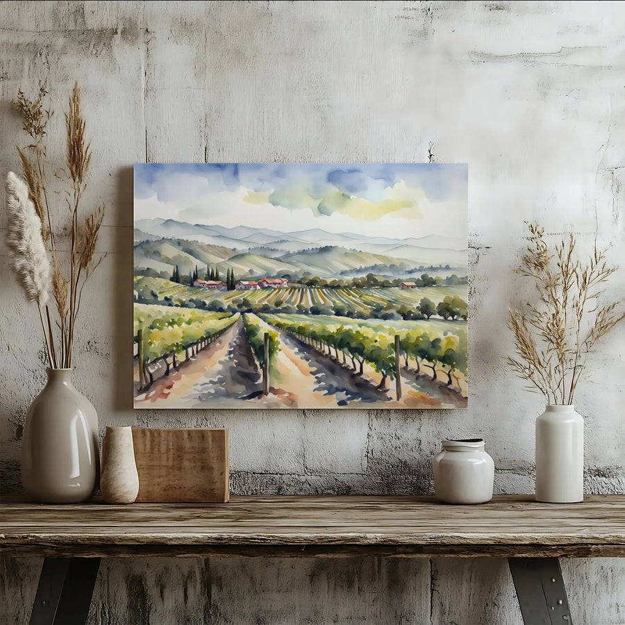 Tuscan Vineyard Canvas Art | Watercolor Rolling Hills Landscape | Premium Fade-Resistant Print | Italian Countryside Home Decor Gift