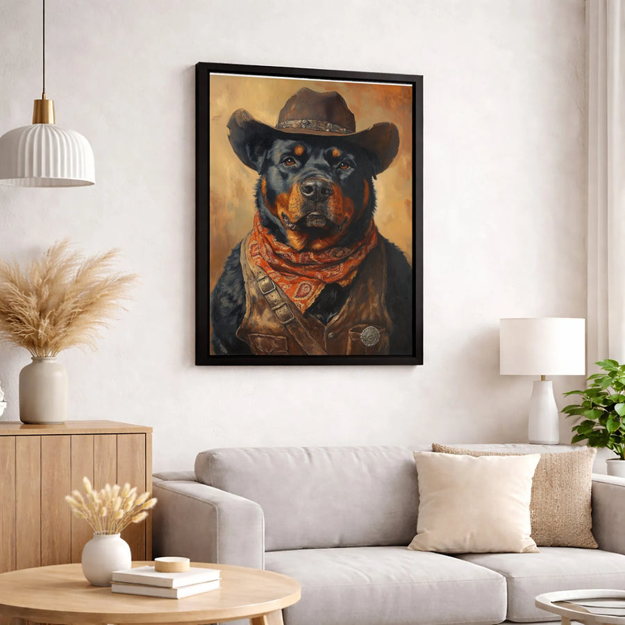 Cowboy Rottweiler Dog Portrait Canvas | Western Style Pet Wall Art | Premium Gallery Wrapped Decor | Unique Gift for Dog Lovers