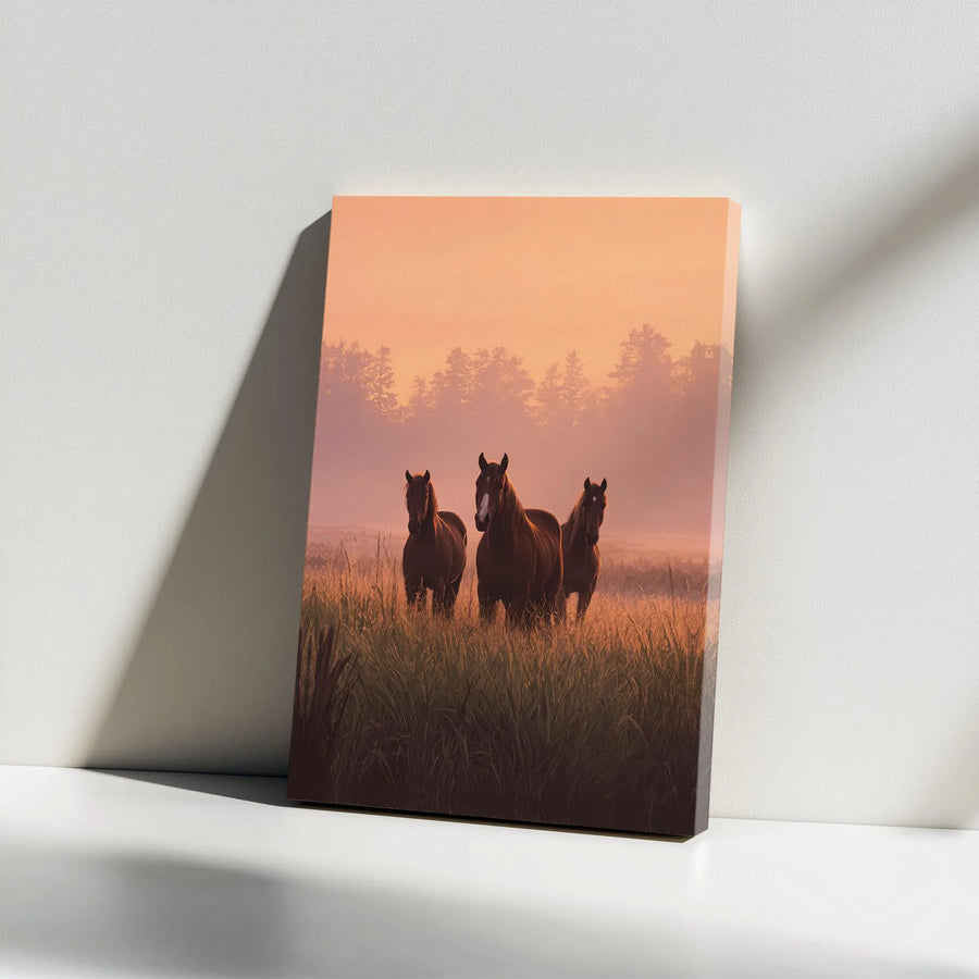 Three Horses Canvas Wall Art | Misty Sunrise Farmhouse Decor | Premium Gallery Wrap Print | Nature Equestrian Gift for Home Office