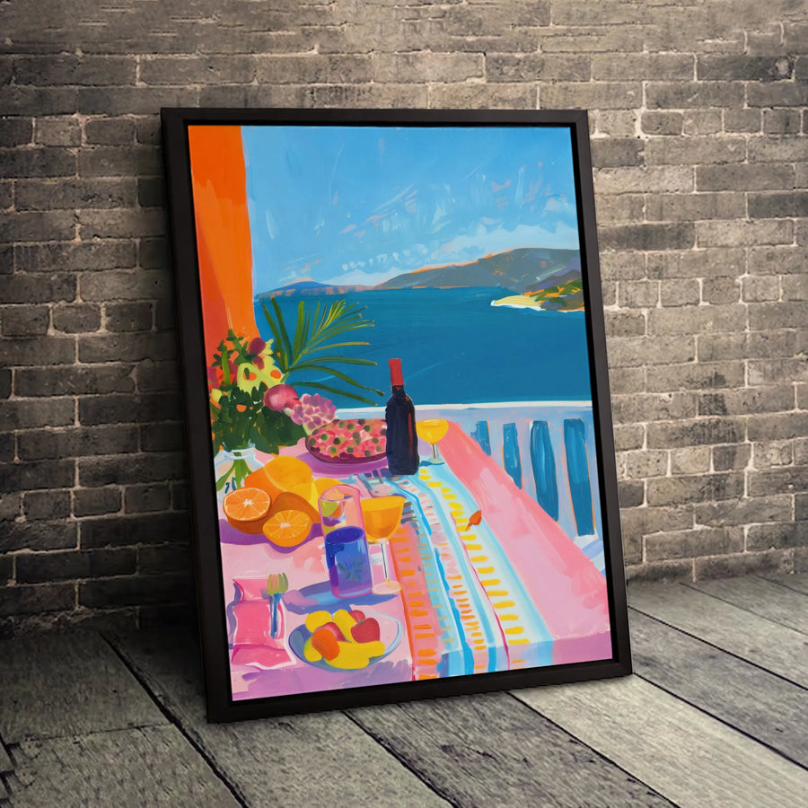 Mediterranean Balcony Canvas Wall Art | Vibrant Amalfi Coast Seaside Lunch Painting | Premium Gallery Wrap Decor | Coastal Home & Office Gift