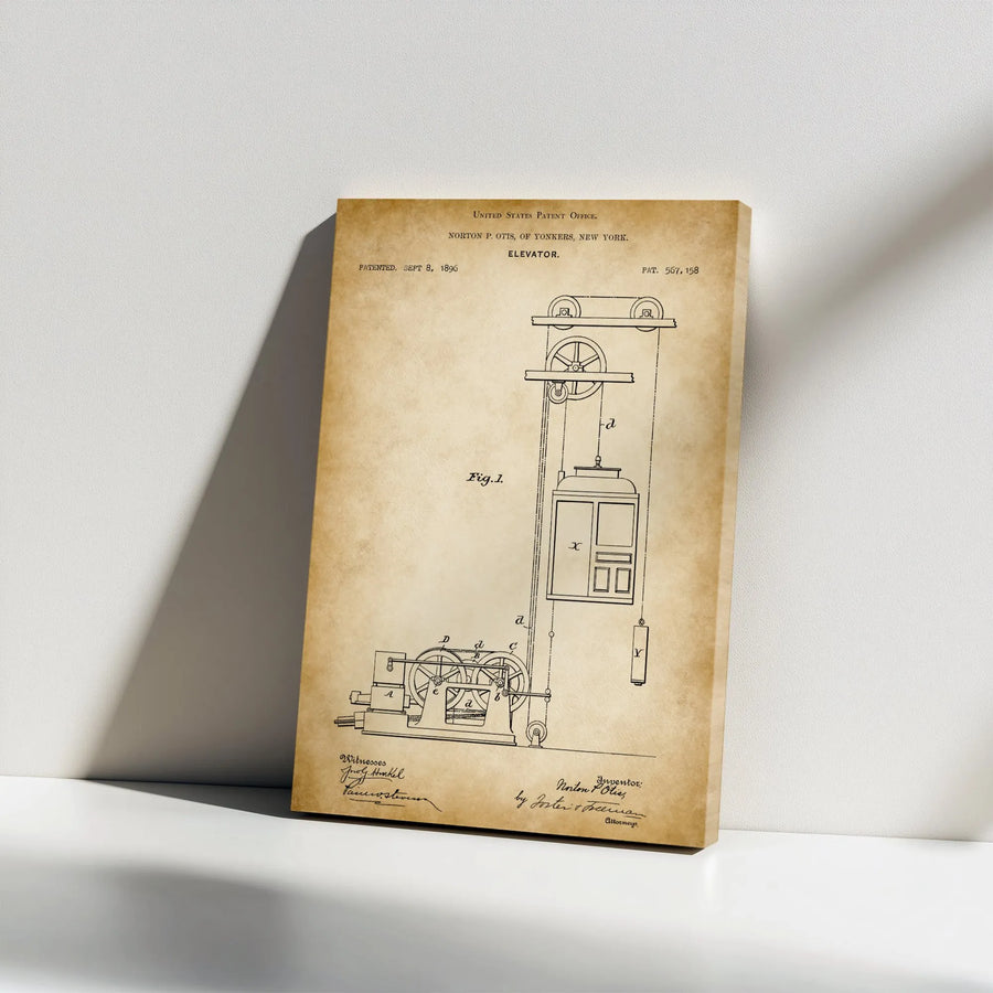 Elevator Patent Canvas Wall Art | Vintage 1896 Otis Blueprint Schematic | Premium Canvas Print | Collector's Gift for Engineer or Industrial Office Decor