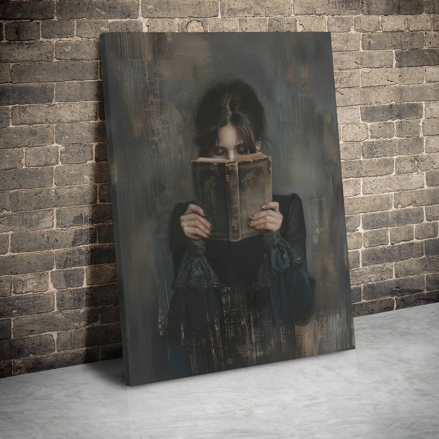 Dark Academia Canvas Wall Art | Woman Reading Vintage Book Portrait | Premium Gallery Wrap Decor | Moody Literary Home Decor Gift